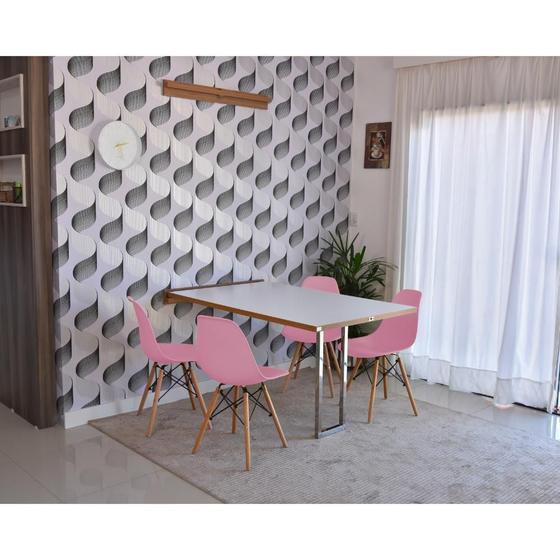 Imagem de Conjunto de Mesa Dobrável Retrátil 1,40 Branco/Noronha Inox + 4 Cadeiras Eiffel - Rosa