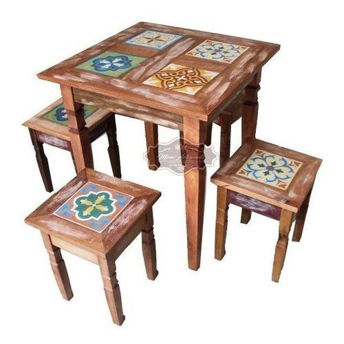 Imagem de Conjunto de Mesa e Bancos Madeira de Demolição com Ladrilho