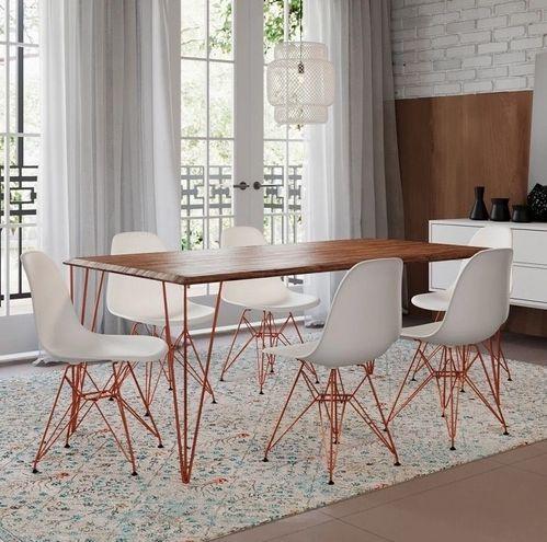 Imagem de Conjunto De Mesa Eames Clips De Ferro Cobre Tampo Amêndoa 135x75 6 Cadeiras Cobre Assento Branco