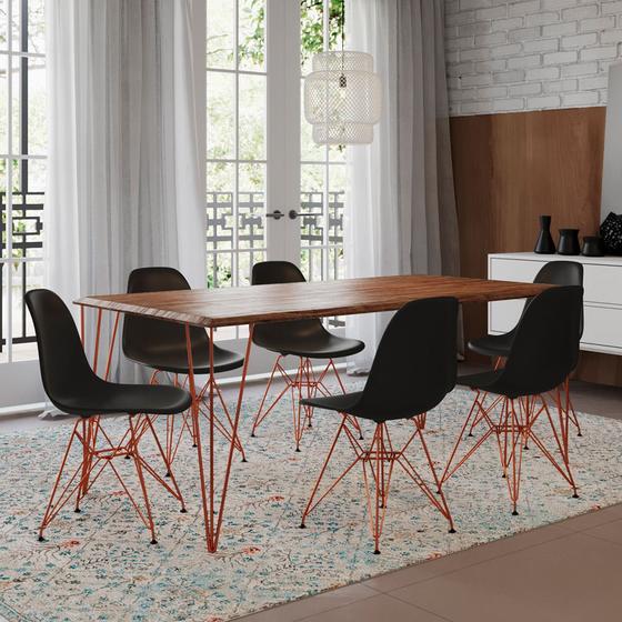 Imagem de Conjunto de Mesa Eames Clips de Ferro Cobre Tampo Amêndoa 135x75 6 Cadeiras Cobre Assento Preto