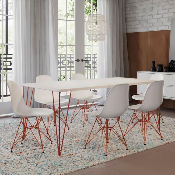 Imagem de Conjunto de Mesa Eames Clips de Ferro Cobre Tampo Branco 135x75 6 Cadeiras Cobre Assento Branco