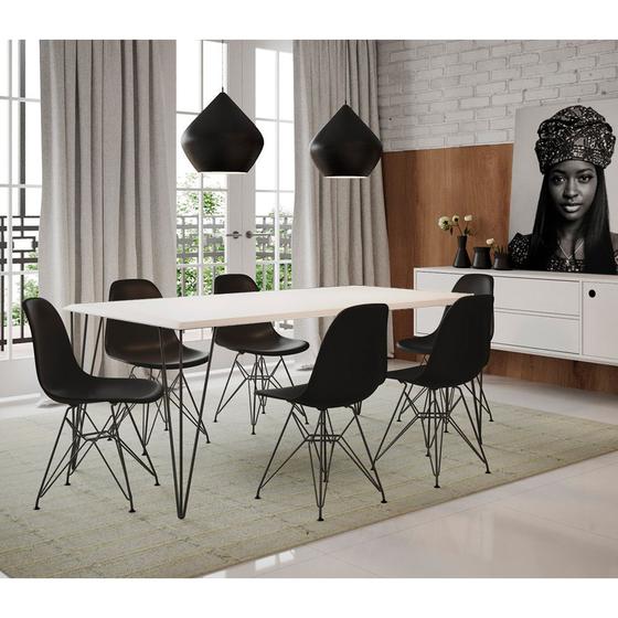 Imagem de Conjunto de Mesa Eames Clips de Ferro Preto Tampo Branco 135x75 6 Cadeiras Preta Assento Preto