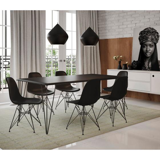 Imagem de Conjunto de Mesa Eames Clips de Ferro Preto Tampo Preto 135x75  6 Cadeiras Ferro Preta Assento Preto