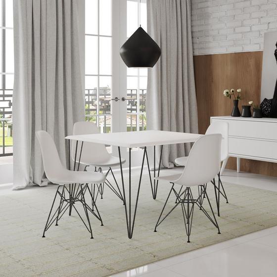 Imagem de Conjunto De Mesa Eames Clips De Ferro Preto Tampo Quadrado Branco 90x90 4 Cadeiras Ferro Preta Assento Branco