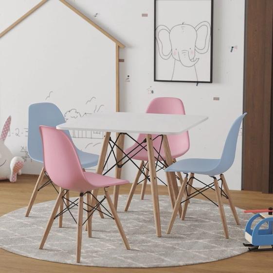 Imagem de Conjunto de Mesa Eames Infantil 68cm Quadrado Branco 2 Cadeira Azul e 2 Rosa