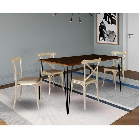 Imagem de Conjunto de Mesa Elen Retangular Tampo de Madeira 140x80cm Amêndoa com 4 Cadeiras Katrina Off White 