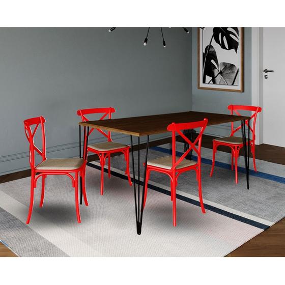 Imagem de Conjunto de Mesa Elen Retangular Tampo de Madeira 140x80cm Amêndoa com 4 Cadeiras Katrina Vermelha A