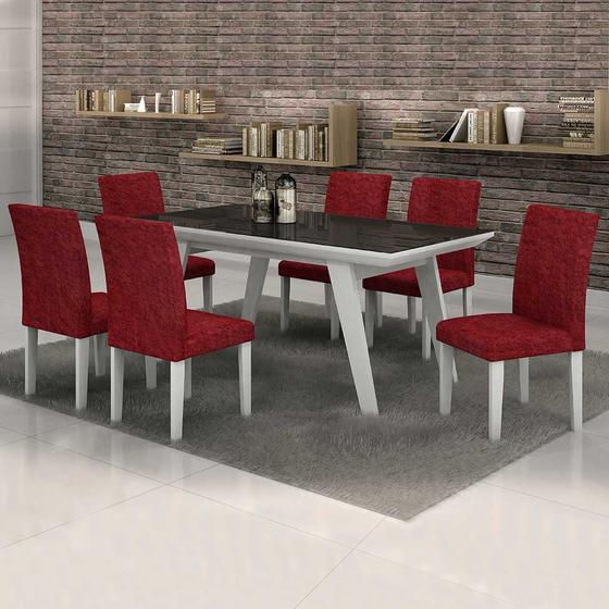 Imagem de Conjunto de Mesa Esmeralda II 170 cm com 6 Cadeiras Classic Veludo Branco e Vermelho
