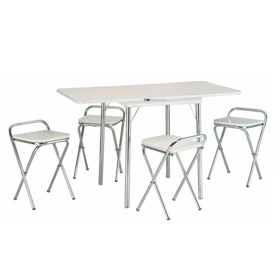 Conjunto de Mesa Flor Retangular Dobrável Branco e Cromado 4 Banquetas Dobráveis - Criativa Menor preço em Conjunto de Mesa Flor Retangular Dobrável Branco e Cromado 4 Banquetas Dobráveis - Criativa