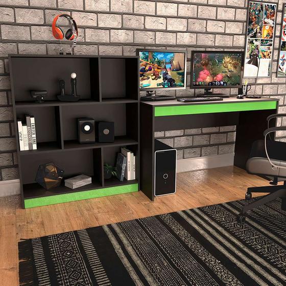 Imagem de Conjunto de Mesa Gamer Hype com Estante de Escritório Darci Preto e Verde