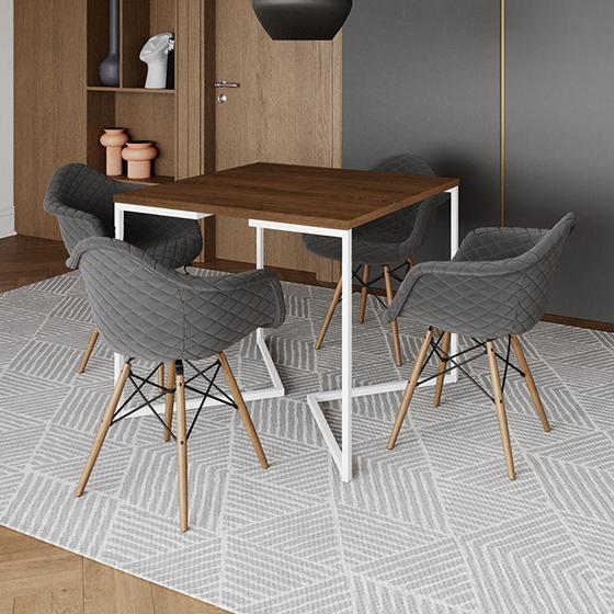 Imagem de Conjunto de Mesa Industrial Base Branca Tampo Quadrado 90cm Amêndoa 4 Poltronas Estofadas Grafite