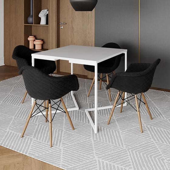 Imagem de Conjunto de Mesa Industrial Base Branca Tampo Quadrado 90cm Branca 4 Poltronas Estofadas Preto