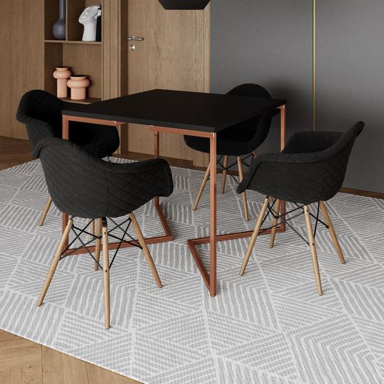 Imagem de Conjunto de Mesa Industrial Base Cobre Tampo Quadrado 90cm Preto 4 Poltronas Estofadas Preto