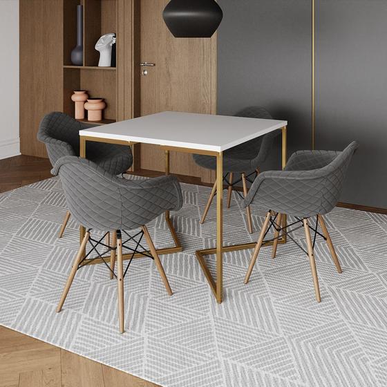 Imagem de Conjunto de Mesa Industrial Base Dourada Tampo Quadrado 90cm Branco 4 Poltronas Estofadas Grafite