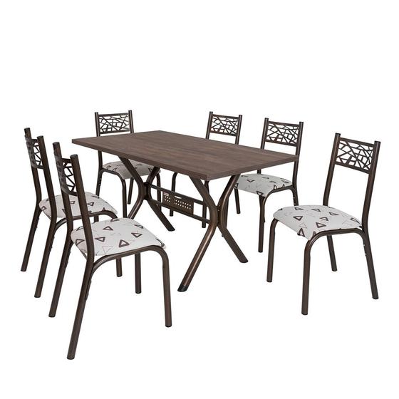 Imagem de Conjunto de mesa jade tampo bp amendoa 1,36m x 0,80m retangular com 6 cadeiras tubo bronze - ciplafe