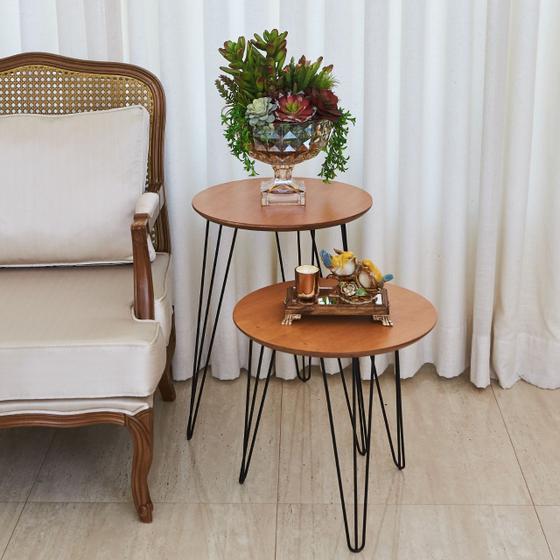 Imagem de Conjunto de Mesa Lateral Industrial Madeira com Base Ferro