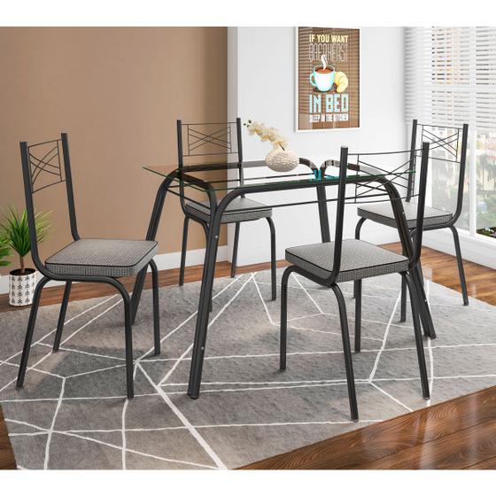 Imagem de Conjunto de Mesa Lotus SF Preto Vidro Incolor De 107 cm Com 4 Cadeiras 119 Preto Assento Platina Artefamol