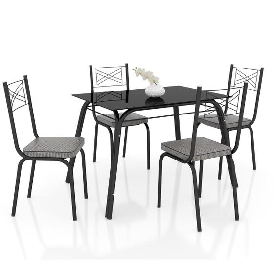 Imagem de Conjunto de Mesa Lotus Vidro SF Preto De 1,07 m Com 4 Cadeiras 119 Platina Artefamol