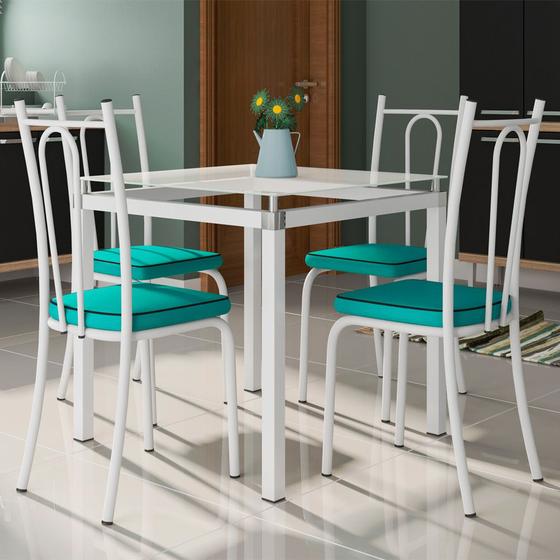 Imagem de Conjunto De Mesa Malva Com 4 Cadeiras Tampo De Vidro 75cm Branco Assento Azul Turquesa Artefamol