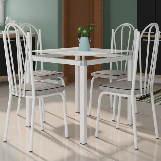 Imagem de Conjunto De Mesa Malva Com 4 Cadeiras Tampo De Vidro 75cm Branco Assento Grafiato Cinza Artefamol