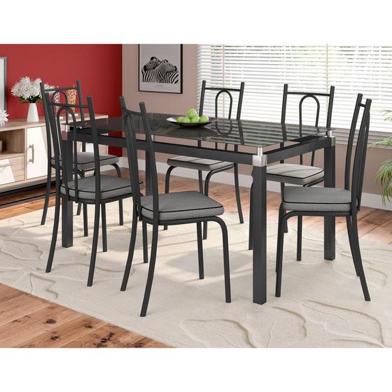 Imagem de Conjunto De Mesa Malva Com 6 Cadeiras Tampo De Vidro 140cm SF Preto Fosco Assento Platina Preto Artefamol