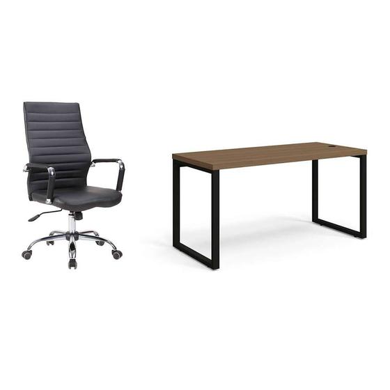 Imagem de Conjunto de Mesa Munique Carvalho 150 cm com Cadeira de Escritório Diretor Giratória Cleaner Preta