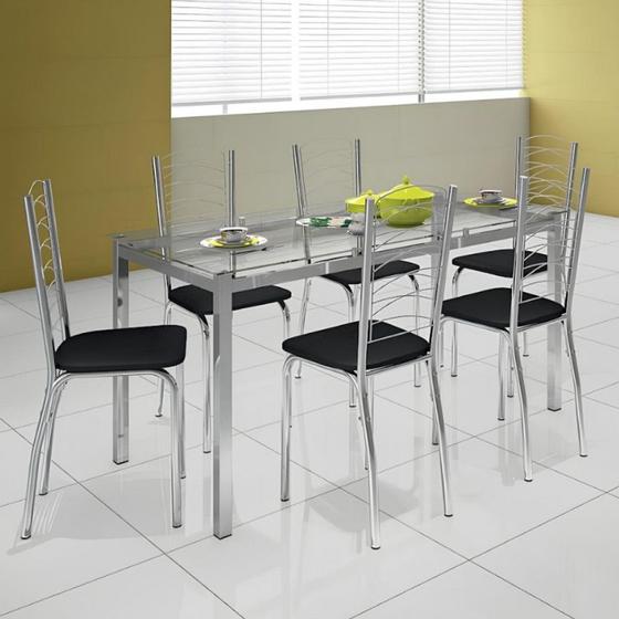 Imagem de Conjunto de Mesa Ornata 150x75cm com 6 Cadeiras Ágata Cromado e Tampo de Vidro Tubform