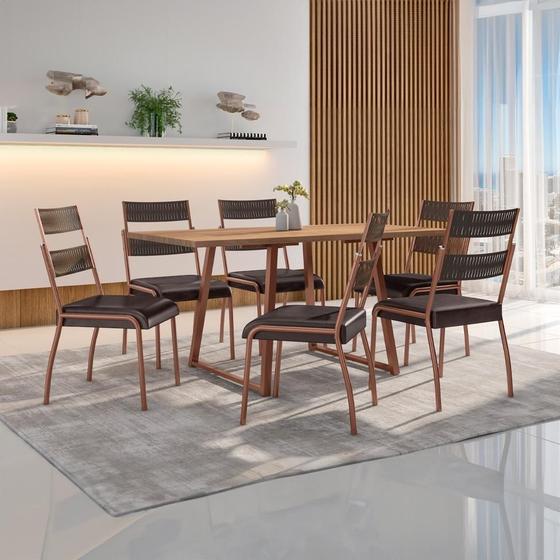Imagem de Conjunto de Mesa Retangular com Tampo de MDP Marrom Claro Atlanta e 6 Cadeiras Atenas Revestimento Sintético Marrom e Cobre