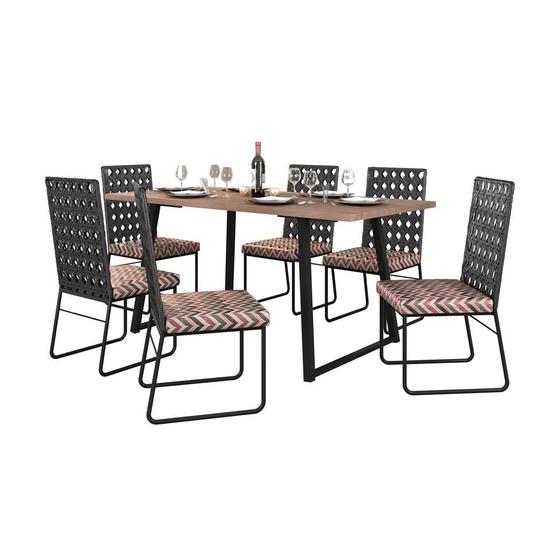 Imagem de Conjunto de Mesa Retangular com Tampo de MDP Marrom Claro Atlanta e 6 Cadeiras Tróia Revestimento Sintético Marsala e Preto