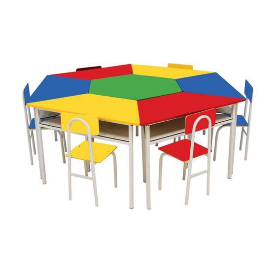 Conjunto de Mesa Sextavada com 6 Cadeiras School Colorida Menor preço em Conjunto de Mesa Sextavada com 6 Cadeiras School Colorida