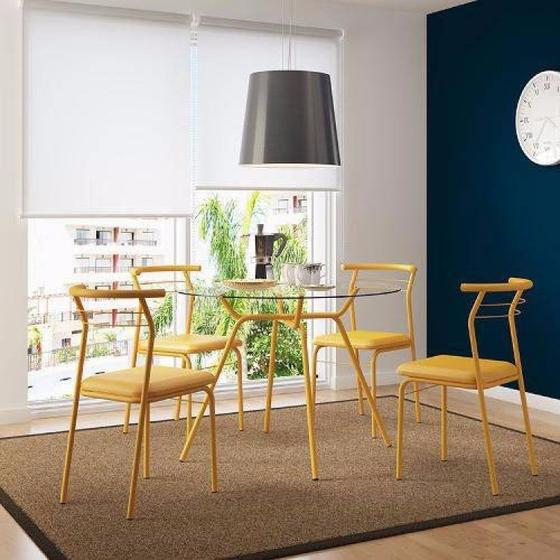 Imagem de Conjunto de Mesa Tampo Vidro Redondo com 4 Cadeiras  Amarelo Ouro