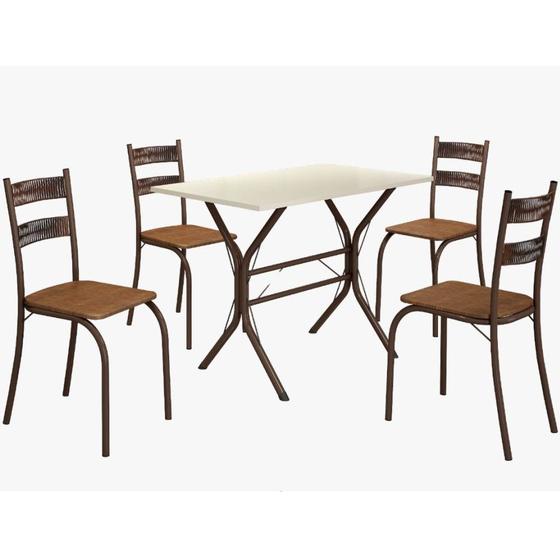 Imagem de Conjunto de Mesa Teixeira Macaé Cabo Frio com 4 cadeiras com encosto em Ratam tampo em pedra Marrom OFF White