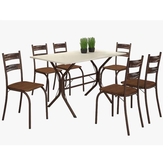 Imagem de Conjunto de Mesa Teixeira Macaé Cabo Frio com 6 cadeiras com encosto em Ratam tampo em pedra Marrom OFF White