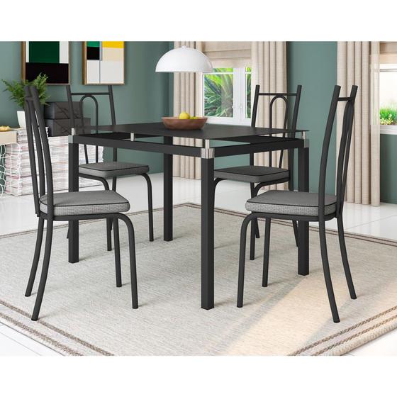 Imagem de Conjunto De Mesa Tubular Com 4 Cadeiras 123 Malva Tampo De Vidro 107cm SF Preto Fosco Assento Platina Artefamol