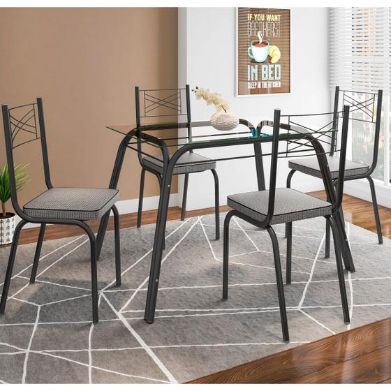 Imagem de Conjunto De Mesa Tubular Lotus SF Preto Vidro Incolor De 107 cm Com 4 Cadeiras 118 Preto Assento Platina Artefamol