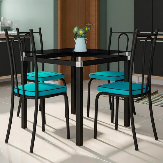 Imagem de Conjunto De Mesa Tubular Malva Com 4 Cadeiras 123 Tampo De Vidro 75cm Preto Assento Azul Turquesa Artefamol