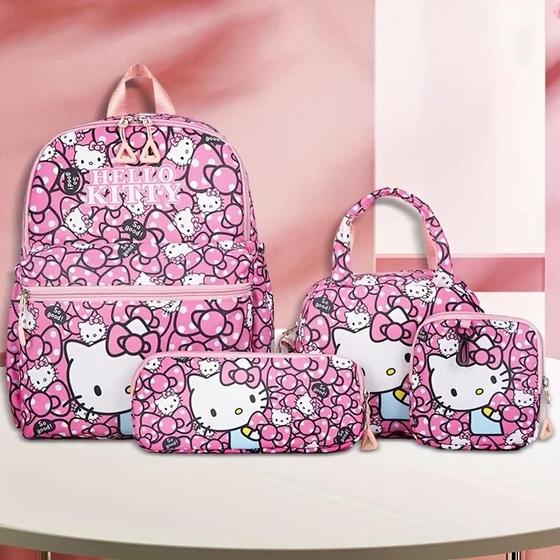 Imagem de Conjunto De Mochila Hello Kitty 4 Peças Alças Ajustáveis fechamento Com Zíper Estampa Anime Bolsa