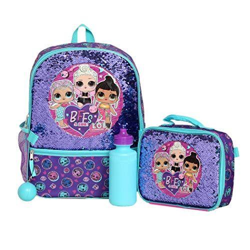 Imagem de Conjunto de Mochila LOL Girl 4 Peças - Térmica, Sequin, Garrafa e Squish Ball nas Cores Roxo e Teal