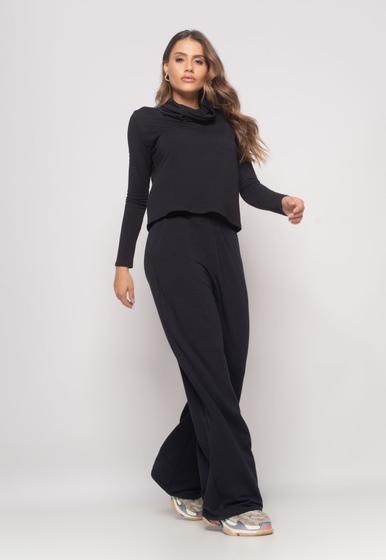 Imagem de Conjunto De Moletinho Com Blusa Golão E Calça Wide Leg Preto Salvatore Fashion