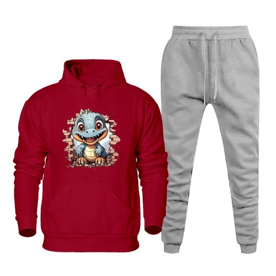 Imagem de Conjunto de Moletom Estampa Dinossauro Canguru Com Calça Jogger Com Bolso e Elastico na Cintura
