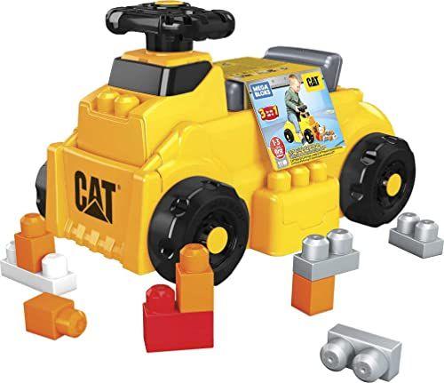 Imagem de Conjunto de montagem Mega Bloks CAT Build 'n Play Ride-On, 10 grandes blocos de construção e 1 veículo Ride-One com volante giratório livre e 4 superfícies de construção, conjunto de presente de brinquedo para crianças de 1 a 3 anos