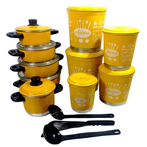 Imagem de  Conjunto de Panelas 5 Peças + 5 Potes Mantimentos Amarelo - Para uma cozinha completa e organizada!