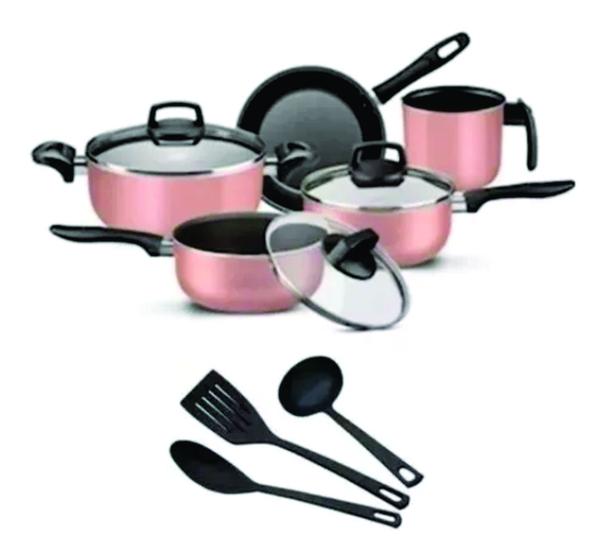 Imagem de Conjunto de Panelas Antiaderente Rosa 5 peças + 3 utensílios