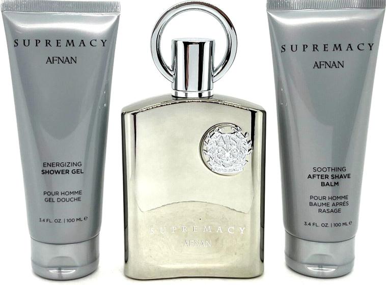 Imagem de Conjunto de perfumes Afnan Supremacy Silver para homens 100mL (EDP + loção corporal e gel de banho)