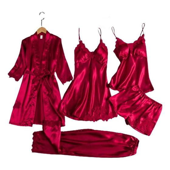 Imagem de Conjunto de Pijama Feminino de Cetim 5 Peças com Renda - Ideal para Casamento 2024