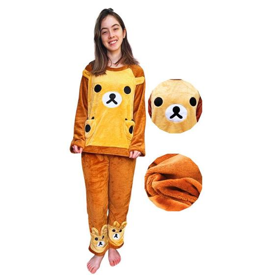 Imagem de Conjunto de Pijama Feminino Manga Comprida Calça e Blusa Urso Ursinho Marrom Biscuit