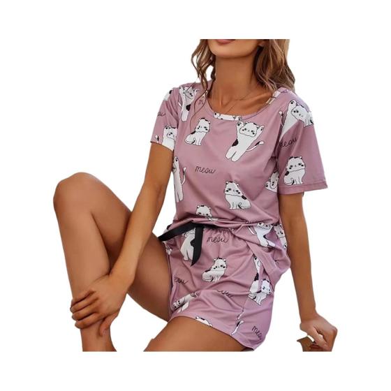 Imagem de Conjunto de Pijama Feminino Rosa - 2 Peças (Camiseta e Shorts) - Tamanhos P, M e G