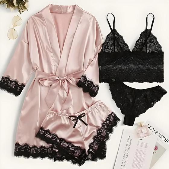 Imagem de Conjunto De Pijama Feminino Sexy De Cetim De Seda Com Roupão De Banho De Lingerie De 4 Peças