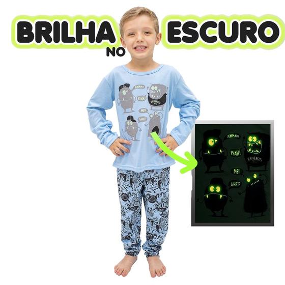 Imagem de Conjunto de Pijama Infantil e Juvevil Masculino Azul Monstro Manga Longa que Brilha no Escuro