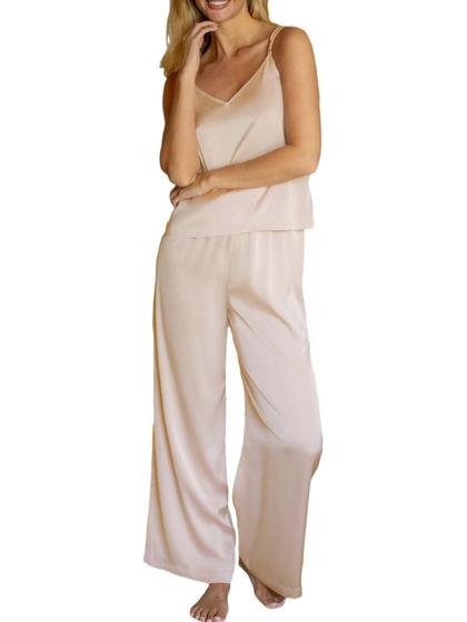 Imagem de Conjunto de pijamas CUPSHE de seda acetinada sem mangas com renda e champanhe XXL